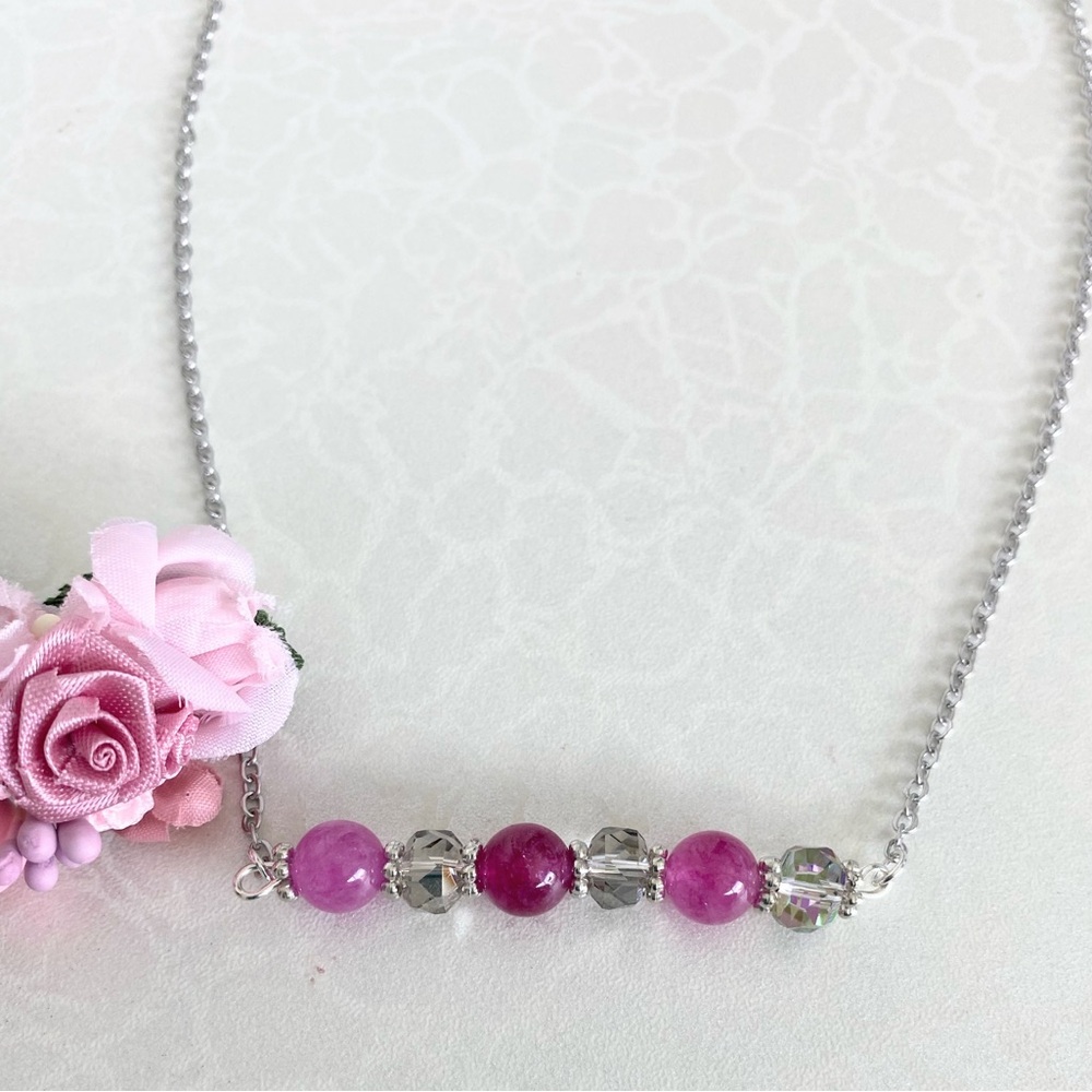 Delicate Pink Chalcedony and Gray Crystal Beaded Bar Necklace - Women Jewelry